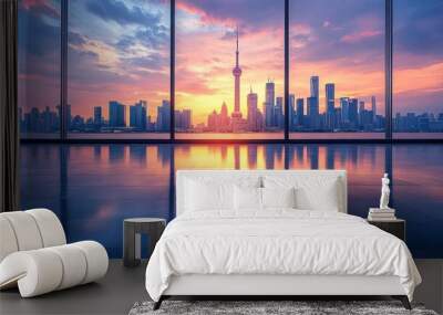 Empty square floor with modern city buildings scenery. Empty square floors and city skyline with modern buildings under blue sky. Wall mural