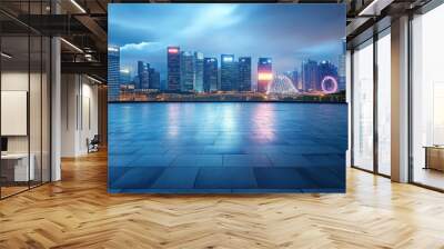 Empty square floor with modern city buildings scenery. Empty square floors and city skyline with modern buildings under blue sky. Wall mural