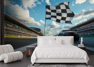 Finish racing flag with fast effect. A racing flag is flying in the air above a race track. Wall mural