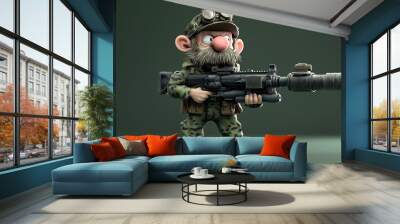 3D model illustration a soldier with a comically large head with a large machine gun,in army uniform. Generative ai illustration. Wall mural