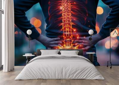 A back with a red back is shown in a black shirt. Concept of discomfort and pain, as the human back is visibly sore. generative ai illustration. Wall mural