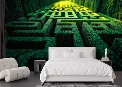 A maze made of green blocks with a yellow line. The maze is very long and narrow. The blocks are all different sizes and shapes.Generative ai illustration. Wall mural