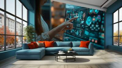 Close up of woman's hand setting up intelligent home system, controlling smart home appliances with control panel of a smart home. Home automated system controlled. Generative Ai Illustration. Wall mural