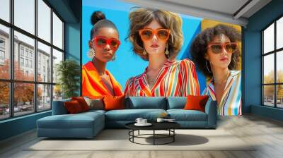 Group of women wearing yellow sunglasses and orange shirts pose. Vintage fasion style. Generative ai illustration. Wall mural