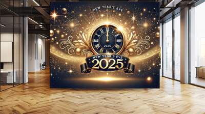 New Year's Eve 2025 Clock with Golden Fireworks and Sparkling Background Wall mural