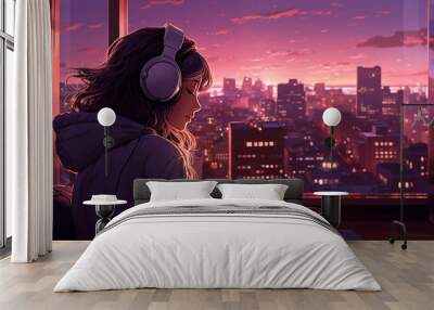 Anime girl headphones enjoys sunset cityscape from window 2D cartoon illustration. City evening calm lofi wallpaper background lo-fi art. Music listening flat image cozy chill vibe Wall mural