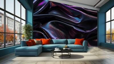 Black holographic satin sheet with wrinkles closeup image. Glamorous smooth silk fabric with iridescent pattern close up photography. Dressmaking industry concept photo realistic Wall mural