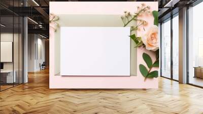 Blank white card mockup with peach rose on pastel background. Elegantly arranged paper template advertising image. Romantic gentle flowers green leaves mock up product photorealistic Wall mural