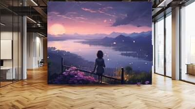 Lonely girl overlooks serene lake at sunset 2D cartoon illustration. Blooming flowers, distant mountains lofi wallpaper background lo-fi art. Solitary figure flat image cozy chill vibe Wall mural