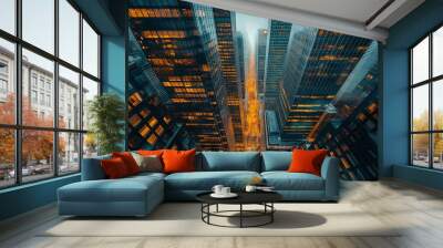 Multistory buildings with glowing windows in evening image. Modern urban architecture aerial view photography scene wallpaper. Downtown infrastructure concept photorealistic photo Wall mural