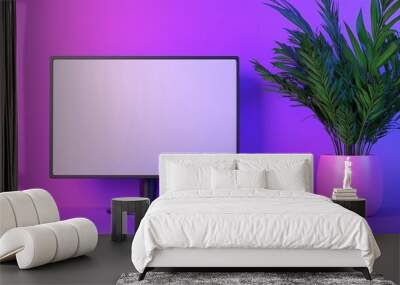 Pc monitor mockup with pot plant in pink neon light. Modern office atmosphere with computer template advertising image. Stylish workplace with lcd display mock up product photorealistic Wall mural