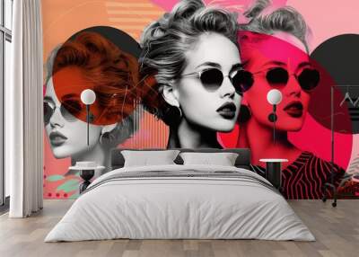 Retro pop art inspired portrait of woman with sunglasses image. Bold geometric shapes and vivid colors photography scene wallpaper. Eighties fashion concept photorealistic picture Wall mural