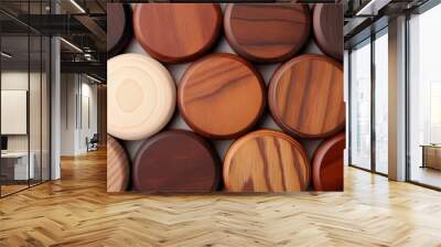 Round wooden parts arranged pattern banner background copy space. Woodwork art craft timber ornament image backdrop empty. Ornament of pucks concept composition top view, copyspace Wall mural