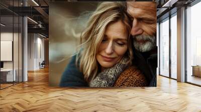 Tender moment between mature couple outdoors winter closeup image. Caucasian woman resting head on man chest cozy knitwear close up photography. Aging gracefully concept photo realistic Wall mural