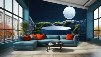 3D podium background featuring a stone display on dark blue water with moss covered rocks Podium for cosmetic beauty product promotion set against a night landscape with sky and moon Abstract mini Wall mural