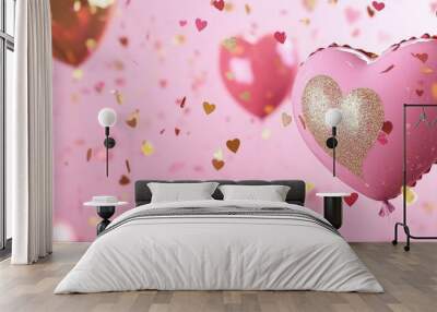 3D rendered pink and gold confetti and love balloons for a Valentine s Day themed social media post template Wall mural