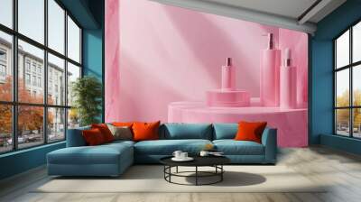 3D rendering of a pink pedestal podium featuring a minimal blank space suitable for beauty and cosmetic products in a luxurious minimalist setting Wall mural