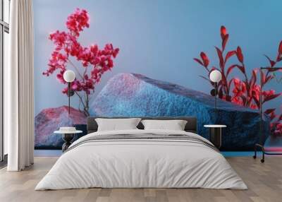 A minimalistic composition featuring a stone adorned with flowers set against a light blue backdrop A runway designed for showcasing products and cosmetics An exhibition space for presenting natur Wall mural