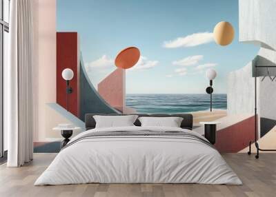 Abstract summer landscape featuring geometric shapes and an ocean beach view rendered in 3D Wall mural