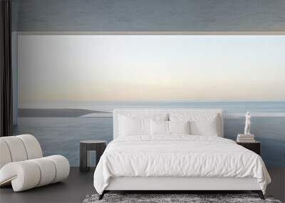 Empty gray concrete floor in minimalist architecture 3D rendering of an abstract white structure with a backdrop of beach and sea Wall mural