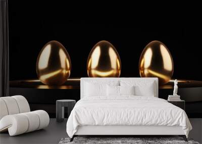 Golden Easter eggs displayed on a product podium with spotlight on a black surface Luxury gold and bronze pedestal backdrop for an Easter holiday product showcase mockup 3D rendered illustration Wall mural