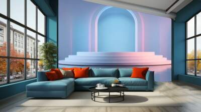 Gradient pink and blue interior featuring three round arches and a podium set against a reflective floor 3D illustration Wall mural