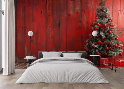 Holiday theme with wooden surface red backdrop and decorated tree Wall mural