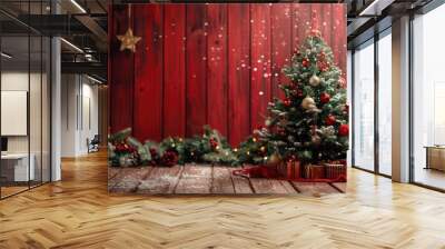 Holiday theme with wooden surface red backdrop and decorated tree Wall mural