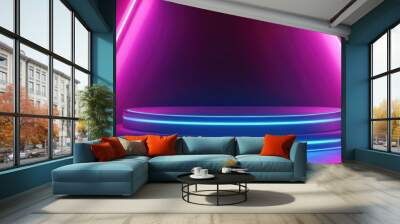 Illuminated podium in an abstract scene with neon lighting 3D rendering of a futuristic backdrop Wall mural