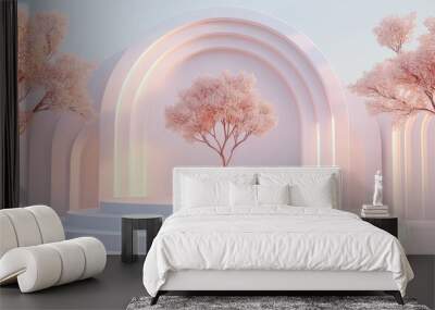 Minimalist white and rose gold podium stage backdrop featuring a tree on a white background suitable for product display or various design applications rendered in 3D illustration style with a sum Wall mural