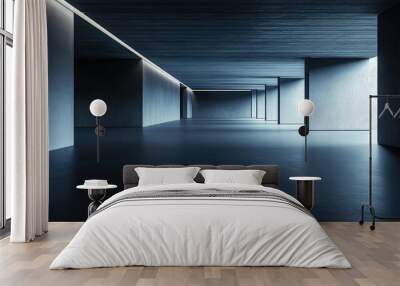 Modern abstract architecture with a black background featuring an empty open space interior 3D rendering Wall mural