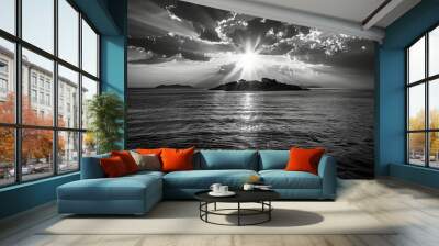 Monochrome sunset seascape with an island Wall mural