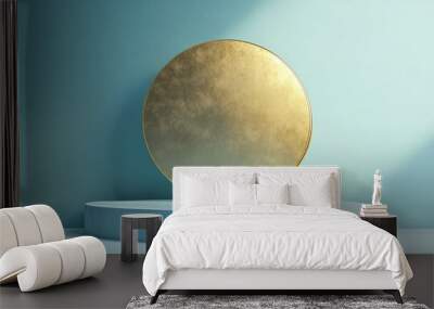 Pedestal display featuring a gold circle on a soft blue background designed for product promotion realistic 3D digital rendering Wall mural