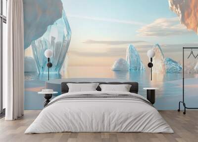 Surreal 3D rendering of a landscape featuring a round podium on water and white sand set against a backdrop of abstract glass shapes and objects A futuristic fantasy scene Wall mural