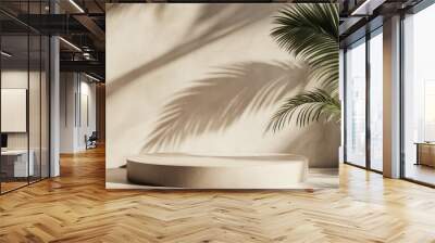 Tropical palm tree shadow cast on a wall and shelf ideal for showcasing products Shadow of a palm tree on a neutral backdrop and display podium for presenting items Mockup for a display platform in Wall mural