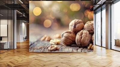 Walnuts on wood table ideal for snacking and baking Good for health cooking and diet Wall mural