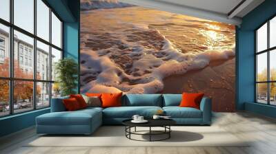 Waves washing sand at sunset Wall mural