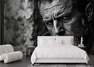 Black and white close-up portrait of a Roman philosopher from the 3rd century AD, deep wrinkles of thought and fine texture of toga against a stone wall Wall mural