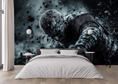 Medieval knight in dramatic action pose amidst exploding debris, intense black-and-white battle scene with armored warrior Wall mural