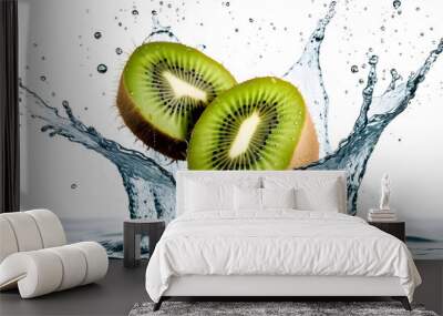 Two sliced of kiwi fruit falling into water splashing and floating in the air against white background isolated scene Wall mural