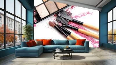 make-up brushes in holder and cosmetics isolated on white Wall mural