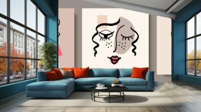 A set of creative templates in a fashionable style with a portrait in one line, modern abstract colorful shapes.Design for home and office decor. Wall mural