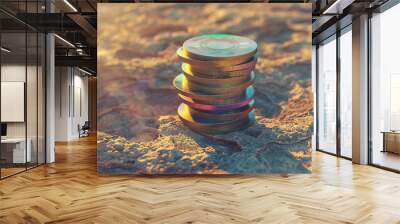 3D render of a stack of discs on a solid sandstone background. Wall mural