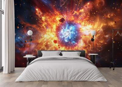 Brilliant supernova with explosive colors and a cosmic backdrop, ideal for a universe-themed wallpaper. Wall mural