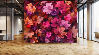 the enchanting sight of maple leaves preserving the vivid colors of summer flowers, aerial views showcasing the clear visibility of each petal. Wall mural