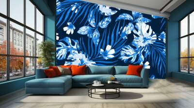 blue tropical flowers and leaves seamless pattern, floral print on black background, watercolor illustration.
 Wall mural