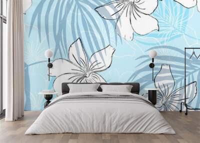 delicate white flowers on a light blue background. Floral seamless pattern. tropical print of plumeria, frangipani and palm leaves. Wall mural