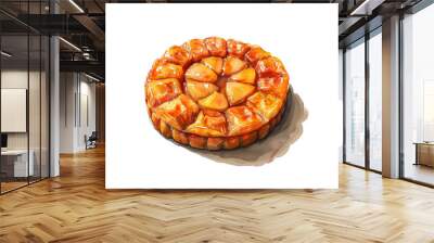 Watercolor illustration of a delicious-looking tarte tatin baked in golden brown on a white background. Wall mural