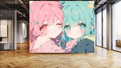 Adorable Chibi Anime Girls in Love – Kawaii Couple Art Wall mural