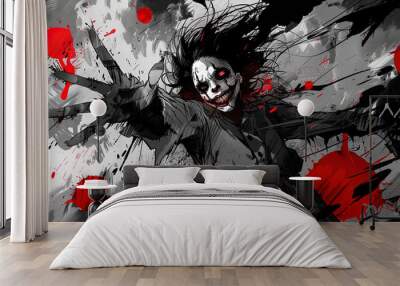 Horror clown anime manga illustration black and white scene Wall mural